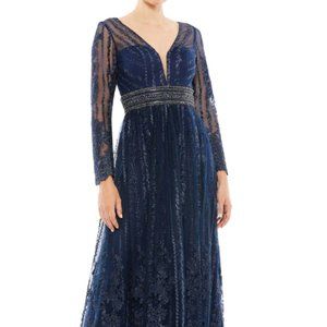 MAC DUGGAL LONG SLEEVE A-LINE FLORAL ILLUSIONS BEADED MIDNIGHT NAVY GOWN sz 14